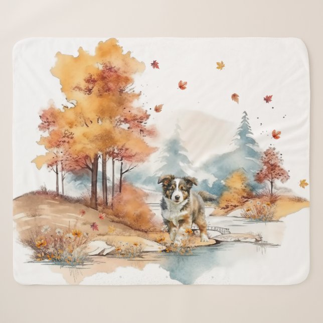 Watercolor Fall Dog Design- Australian Shepherd Sherpa Blanket (Front (Horizontal))