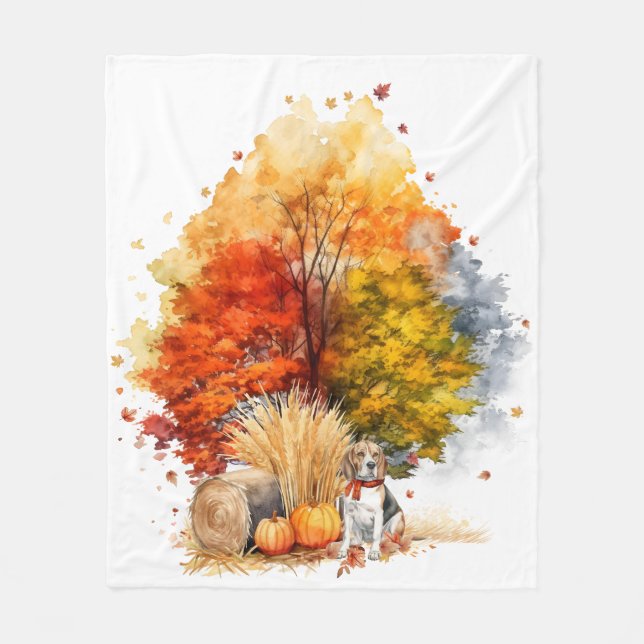 Watercolor Fall Dog Design- Beagle Fleece Blanket (Front)