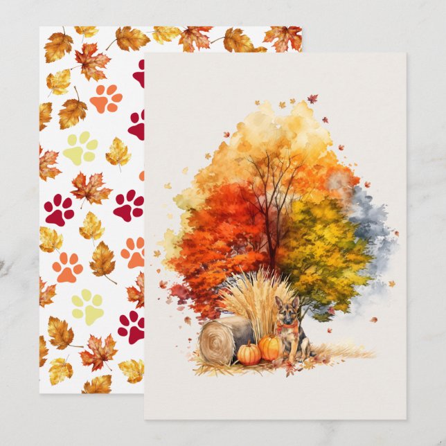 Watercolor Fall Dog Design- German Shepherd Card (Front/Back)
