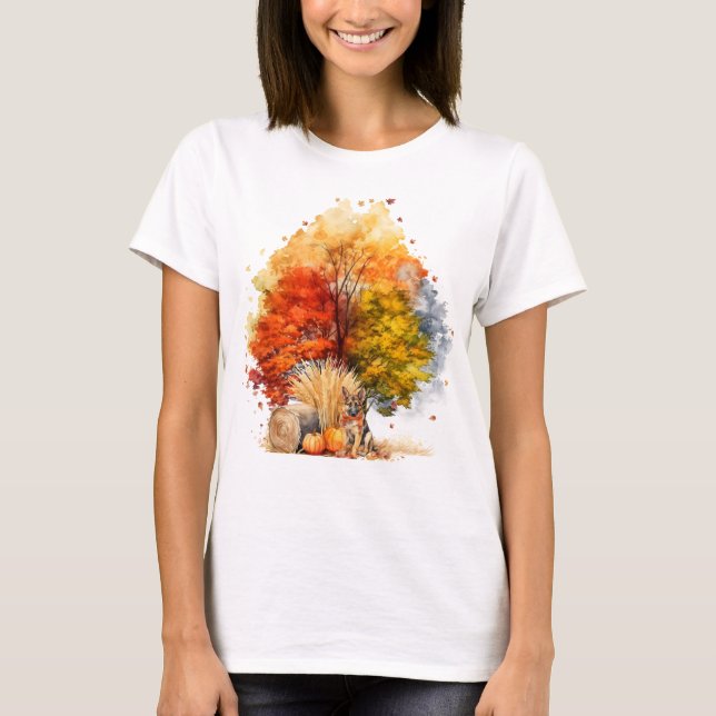 Watercolor Fall Dog Design- German Shepherd T-Shirt (Front)