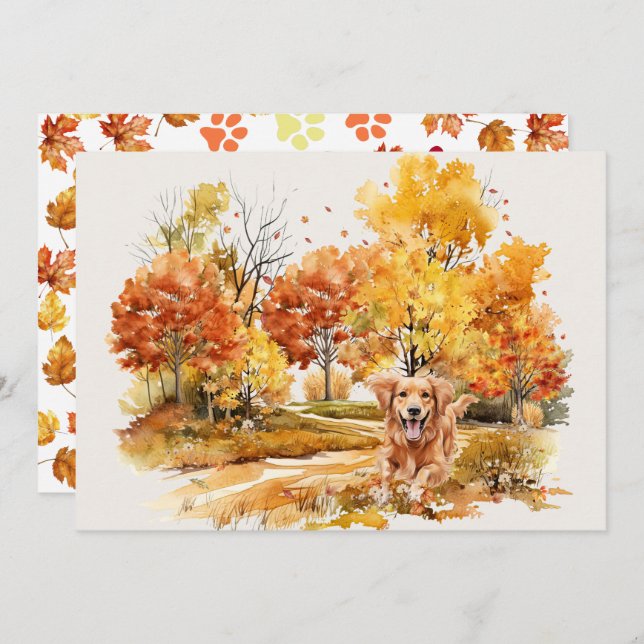 Watercolor Fall Dog Design- Golden Retriever Card (Front/Back)