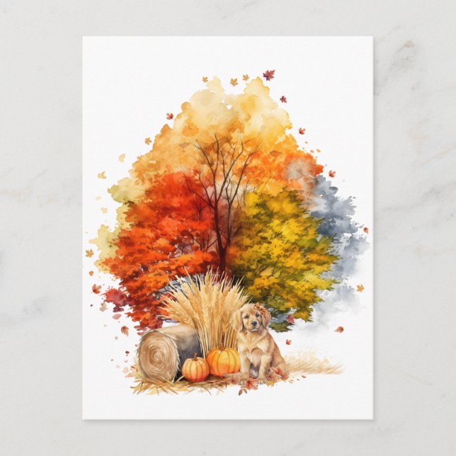 Watercolor Fall Dog Design- Golden Retriever Postcard (Front)