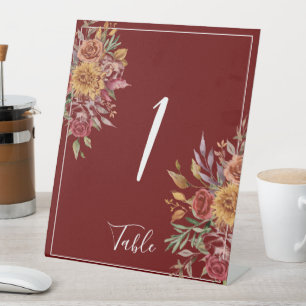 Watercolor Fall Floral Foliage Table Number Pedestal Sign