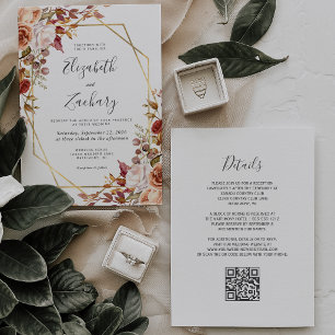 Watercolor Fall Floral Gold QR Code Wedding Invitation
