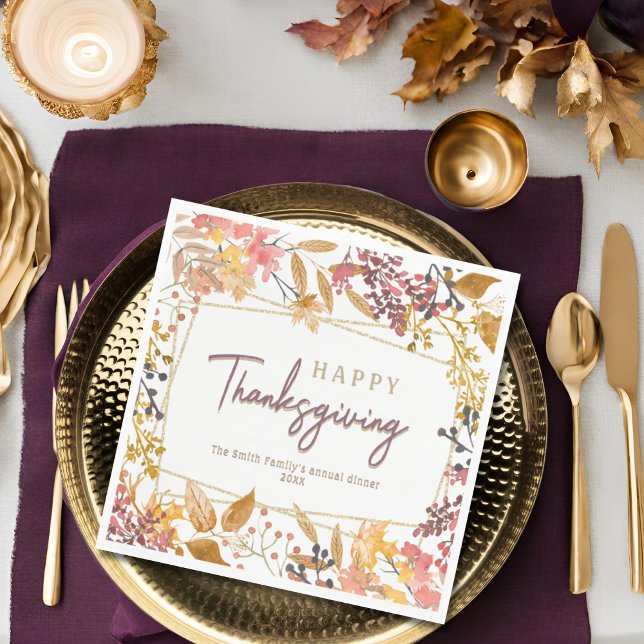 Watercolor fall floral happy thanksgiving name napkin (Creator Uploaded)