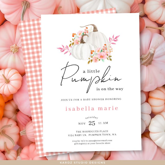 Watercolor Fall Floral Little Pumpkin Baby Shower Invitation (Invite shown in 5 x 7 inches, choose size, paper, and corner style.)