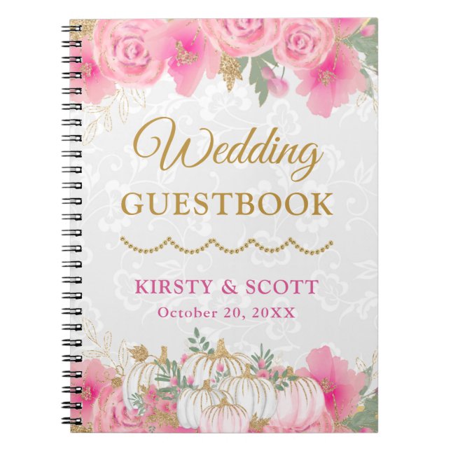 Watercolor Fall Floral Pumpkin Wedding Guest Book (Front)
