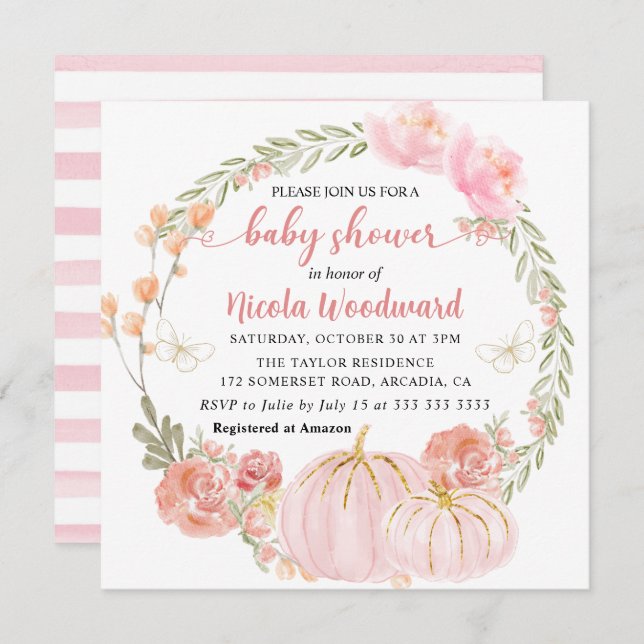 Watercolor Fall Floral Pumpkin Wreath Baby Shower Invitation (Front/Back)
