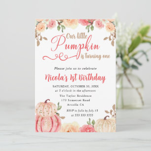Watercolor Fall Floral Pumpkins 1st Birthday Invitation