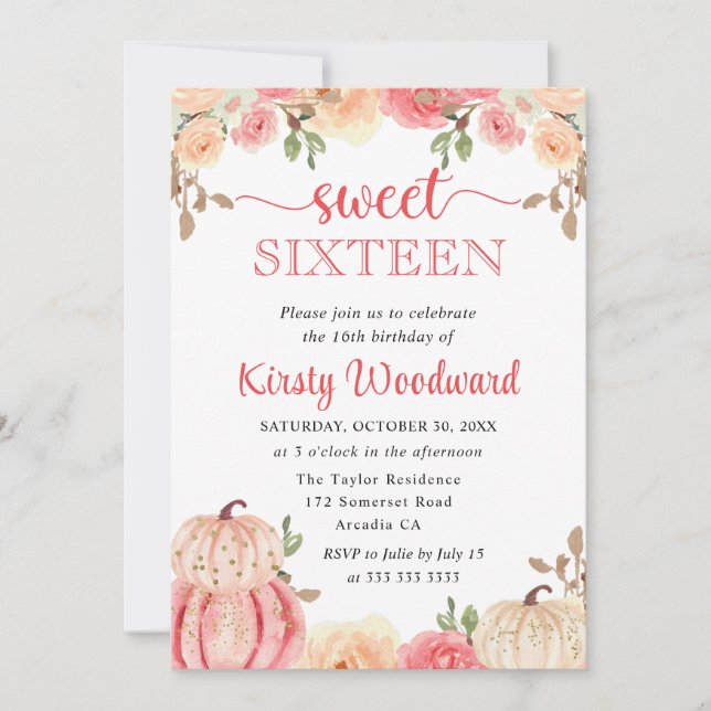 Watercolor Fall Floral Pumpkins Sweet Sixteen Invitation (Front)