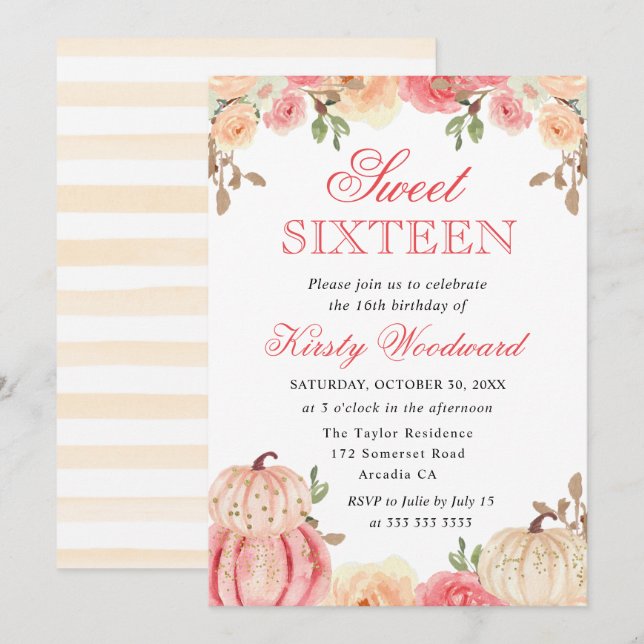 Watercolor Fall Floral Pumpkins Sweet Sixteen Invitation (Front/Back)
