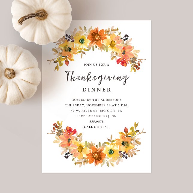 Watercolor Fall Floral Thanksgiving Dinner Invitation (Creator Uploaded)