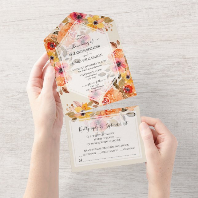 Watercolor Fall Floral Wedding All In One Invitation (Tearaway)