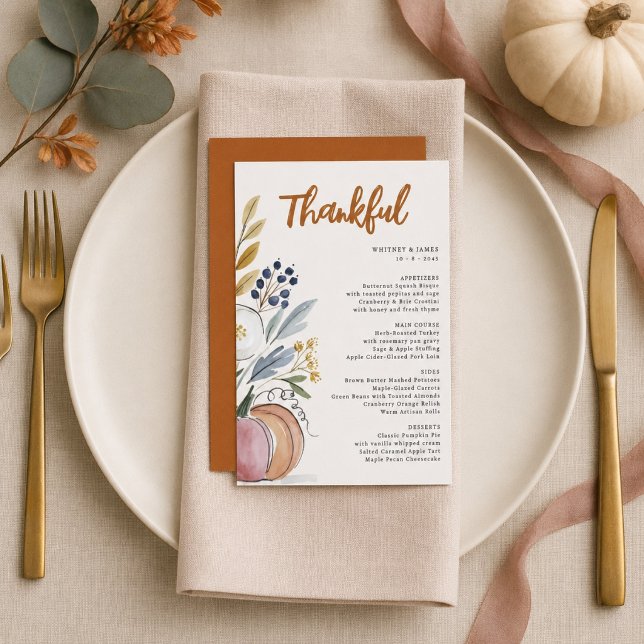 Watercolor Fall Floral Wedding Reception Dinner Menu (Creator Uploaded)