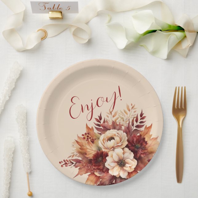 Watercolor Fall Flowers-Enjoy- Paper Plate (Wedding)