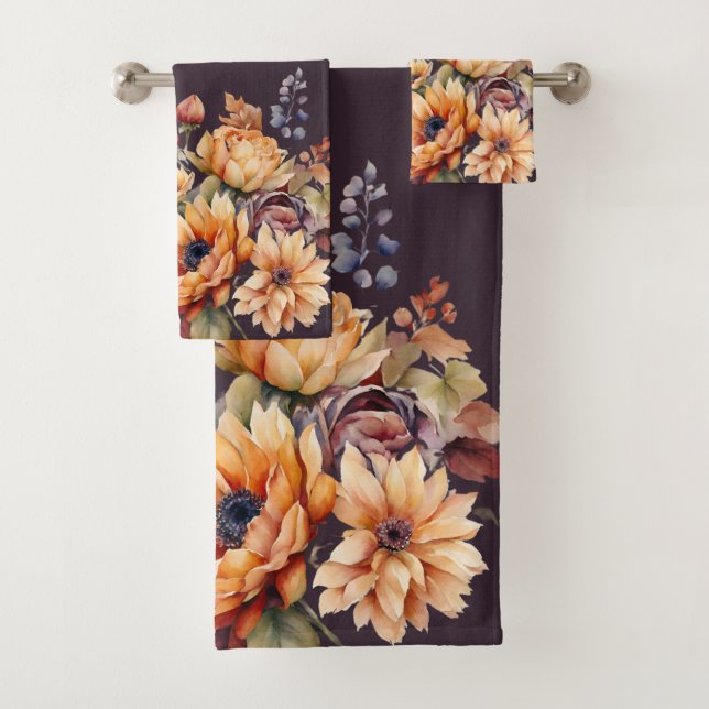 Watercolor Fall Flowers-Purple Bath Towel Set (Insitu)
