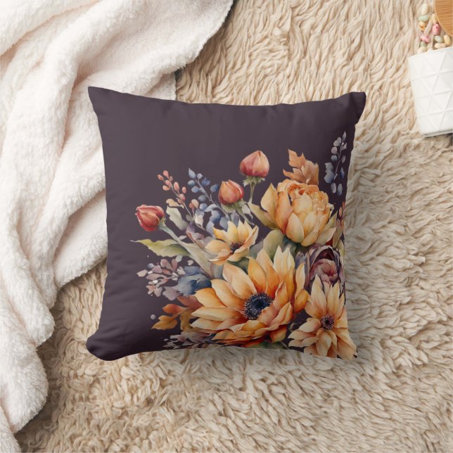 Watercolor Fall Flowers-Purple-Throw Pillow (Blanket)