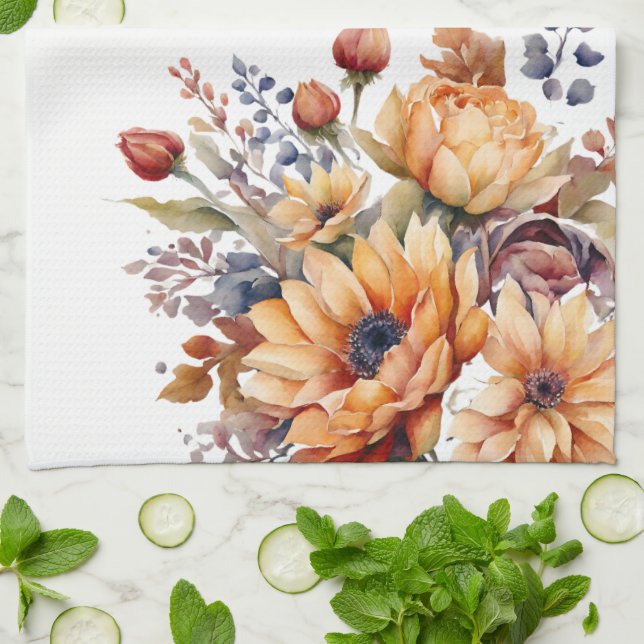 Watercolor Fall Flowers- Tea Towel (Folded)