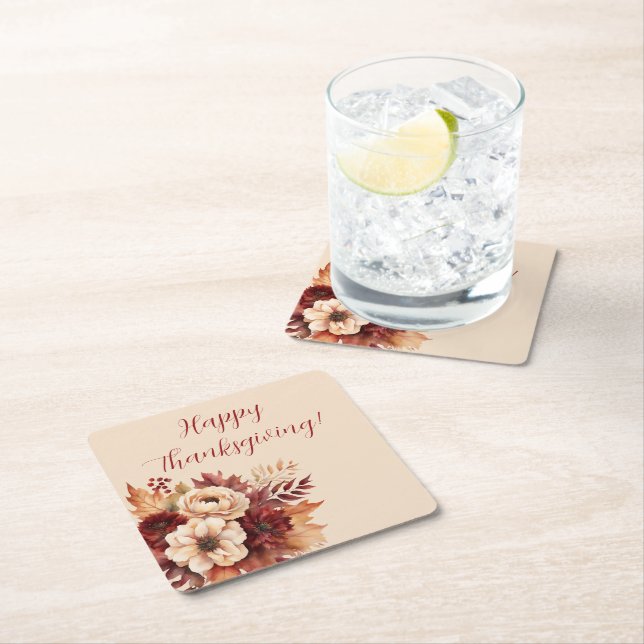 Watercolor Fall Flowers-Thanksgiving- Square Paper Coaster (Insitu)