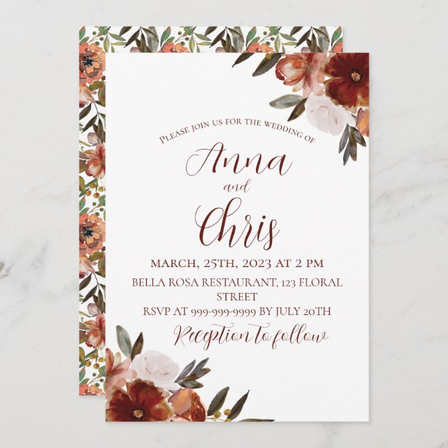 WATERCOLOR FALL FLOWERS WEDDING  INVITATION (Front/Back)