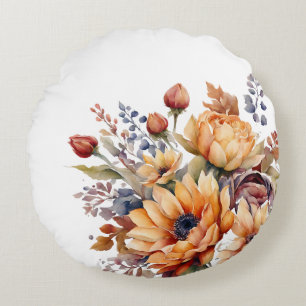 Watercolor Fall FlowersWhite-Throw Pillow