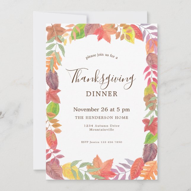 Watercolor Fall Foliage Thanksgiving Dinner Invitation (Front)