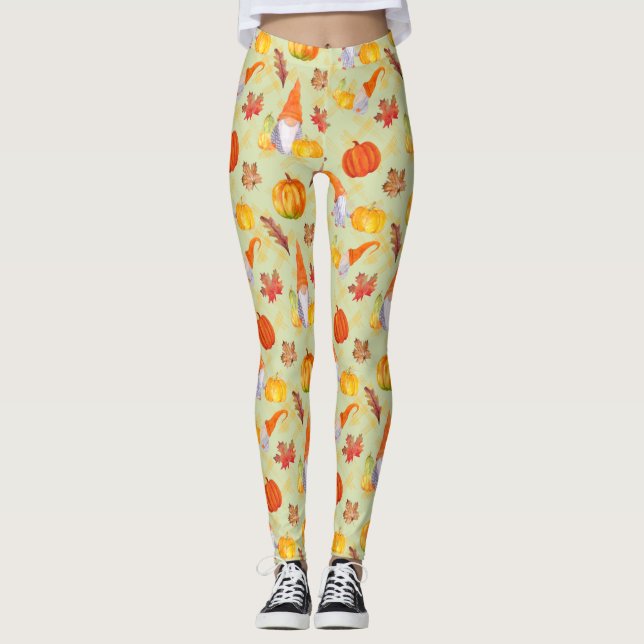 Watercolor Fall Gnomes, Pumpkins And Leaves Leggin Leggings (Front)