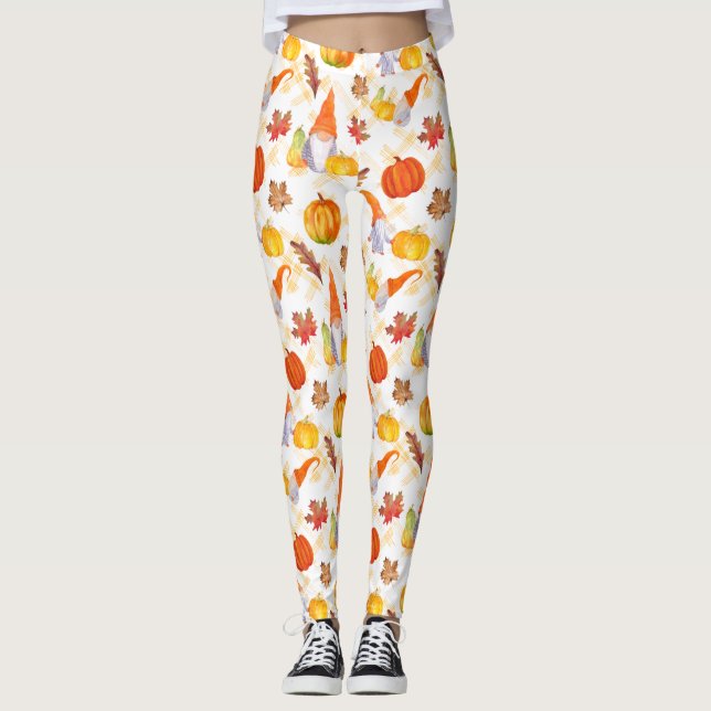 Watercolor Fall Gnomes, Pumpkins And Leaves Leggin Leggings (Front)