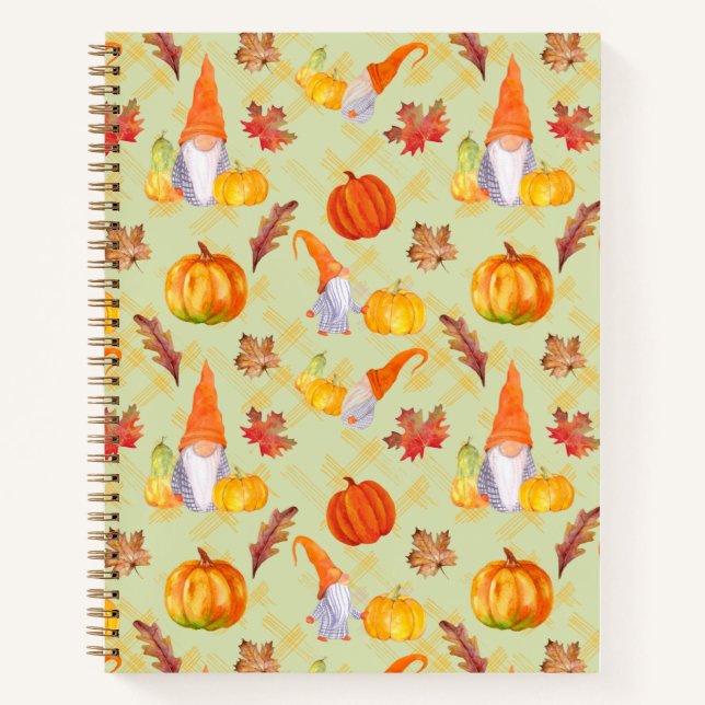 Watercolor Fall Gnomes, Pumpkins And Leaves Notebook (Front)