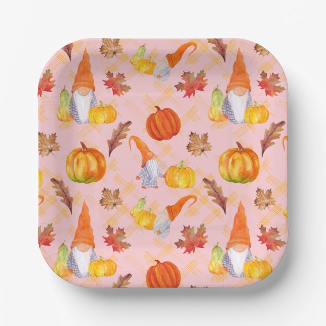 Watercolor Fall Gnomes, Pumpkins And Leaves Paper Plate (Front)