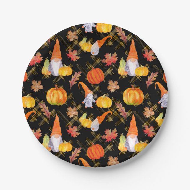 Watercolor Fall Gnomes, Pumpkins And Leaves Paper Plate (Front)