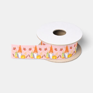 Watercolor Fall Gnomes, Pumpkins And Leaves Satin Ribbon