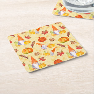 Watercolor Fall Gnomes, Pumpkins And Leaves Square Paper Coaster