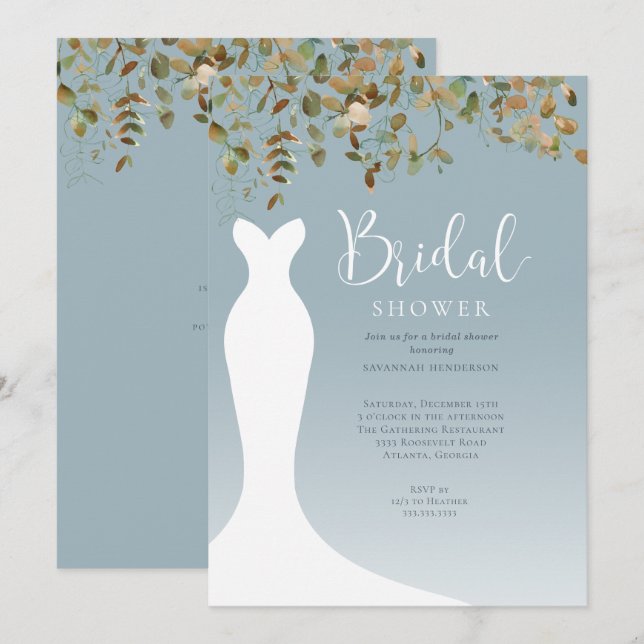 Watercolor Fall Greenery Dusty Blue Bridal Shower  Invitation (Front/Back)