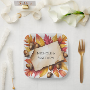 Watercolor Fall Leaves & Acorns Rustic Wedding Paper Plate