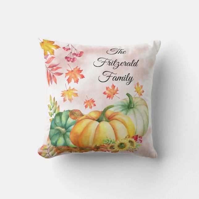 Watercolor Fall Leaves and Pumpkin Name Monogram  Cushion (Front)