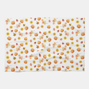 Watercolor Fall Leaves and Pumpkins Tea Towel