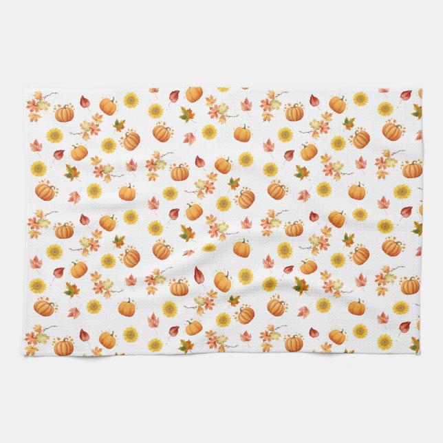 Watercolor Fall Leaves and Pumpkins Tea Towel (Horizontal)