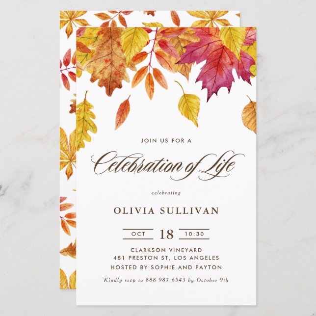 Watercolor Fall Leaves Celebration of Life Invite (Front/Back)
