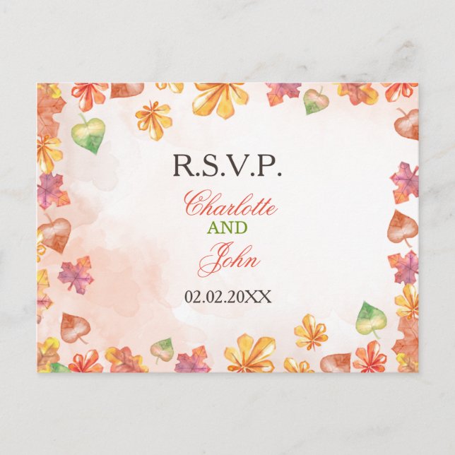 Watercolor Fall Leaves Fall wedding rsvp Invitation Postcard (Front)
