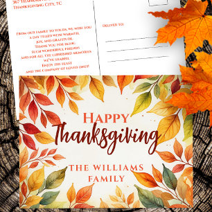 Watercolor Fall Leaves Family Thanksgiving Postcard