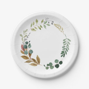 Watercolor Fall Leaves Greenery Modern Wreath Paper Plate