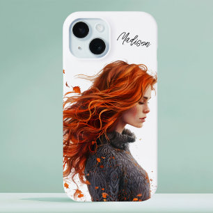 Watercolor Fall Leaves Red Head Girl Customisable iPhone 15 Case