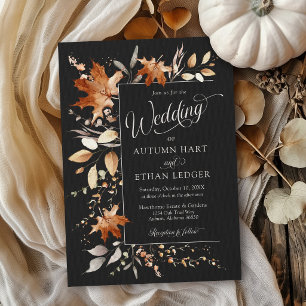Watercolor Fall Leaves Rustic Black Autumn Wedding Invitation