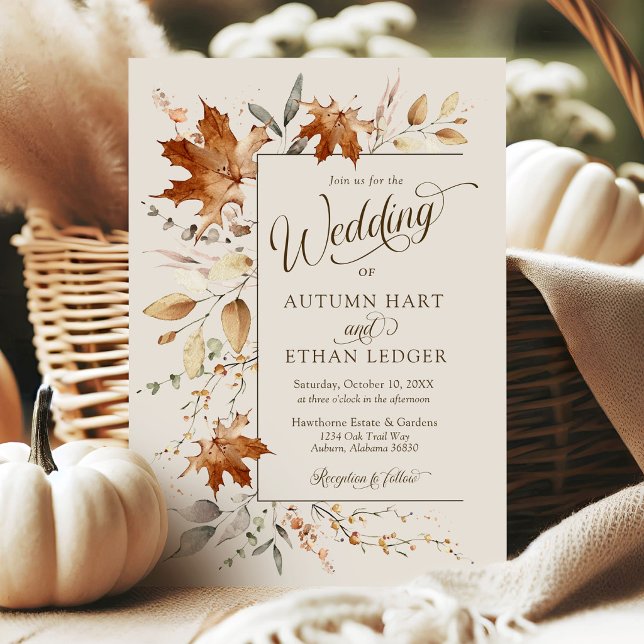 Watercolor Fall Leaves Rustic Ivory Autumn Wedding Invitation (Elegant watercolor Autumn leaves modern ivory rustic boho QR code rsvp Fall wedding invitations)