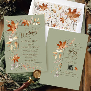 Watercolor Fall Leaves Sage Green Autumn Wedding Invitation