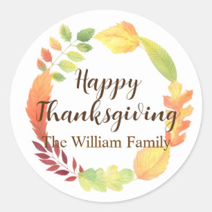 Watercolor Fall Leaves Wreath Autumn Thanksgiving Classic Round Sticker