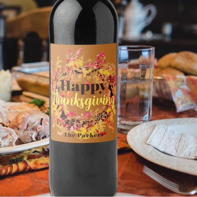 Watercolor Fall Leaves Wreath Happy Thanksgiving  Wine Label (Creator Uploaded)