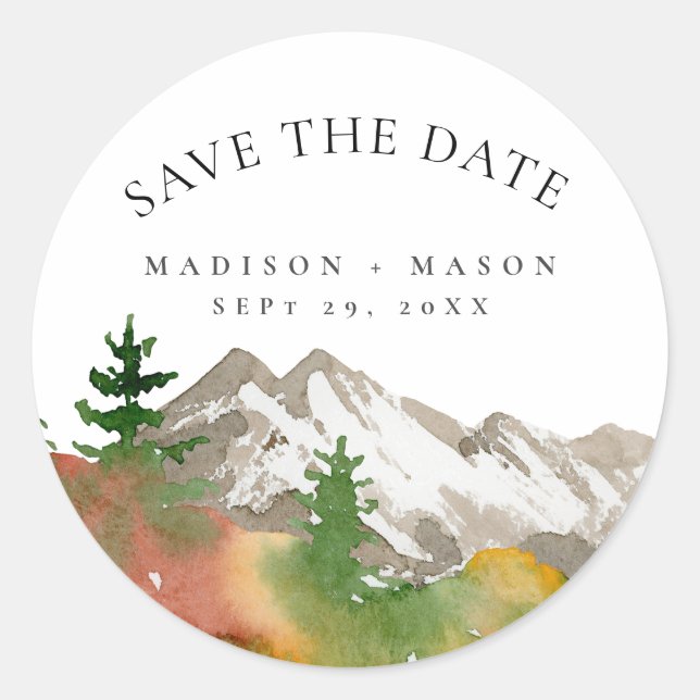 Watercolor Fall Mountain Save the Date  Classic Round Sticker (Front)