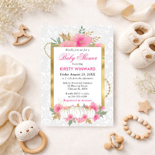 Watercolor Fall Pink Floral Pumpkin Baby Shower Invitation